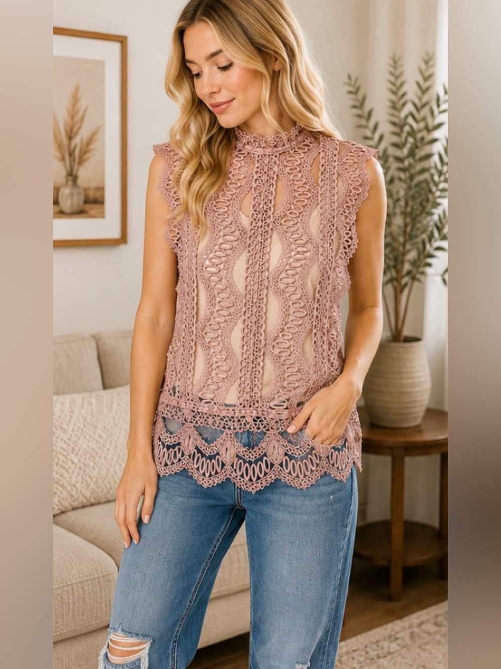 115 POL Dusty Rose Lace Mock Neck Sleeveless Blouse Boho Crochet Top S/M NWT